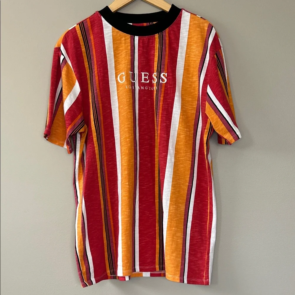Guess Men’s Multicolor Striped Tee Size Small Red Orange Pink White Black - Picture 1 of 7